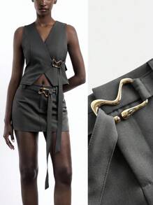 Maija 迷你金属装饰休闲都市女式半身裙，适合春夏季 7 月 4 日女性骄傲俱乐部教师旧钱风格经典灰色金属装饰不对称精致优雅、街头服饰、秋季、休闲工作服、休闲商务休闲 - 深灰色 - 查看 1