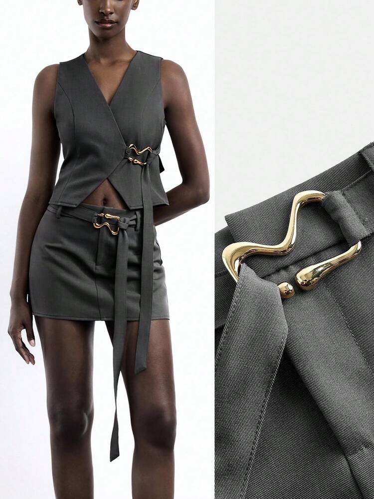 SHEIN Maija Mini Metallic Decor Casual Urban Women Skirt, Suitable For Spring/Summer 4th Of July Women Pride Club Teacher Old Money Style Classic Gray Metal Ornament Asymmetrical Exquisite And Elegant,Streetwear,Fall,Casual Workwear,Casual Business Casual