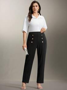 Flouryn Plus High Waist Button Detail Trousers - Black - View 7