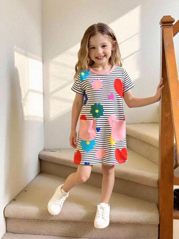 Girls Casual Comfortable Colorful Floral Print Patchwork Pink Striped Round Neck Dress Summer Holiday
