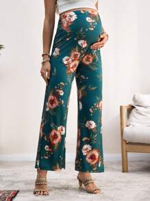 Pantalones holgados y de pierna ancha para maternidad con estampado - Verde Oscuro - Ver 4
