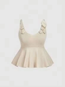 SHEIN MOD Plus Size Women Florals Decorative Doll Knit Top, Elegant Summer Beige Peplum Tops, Cute Casual Holiday Crochet Cream Top For Autumn/Winter Wear - Apricot - View 1
