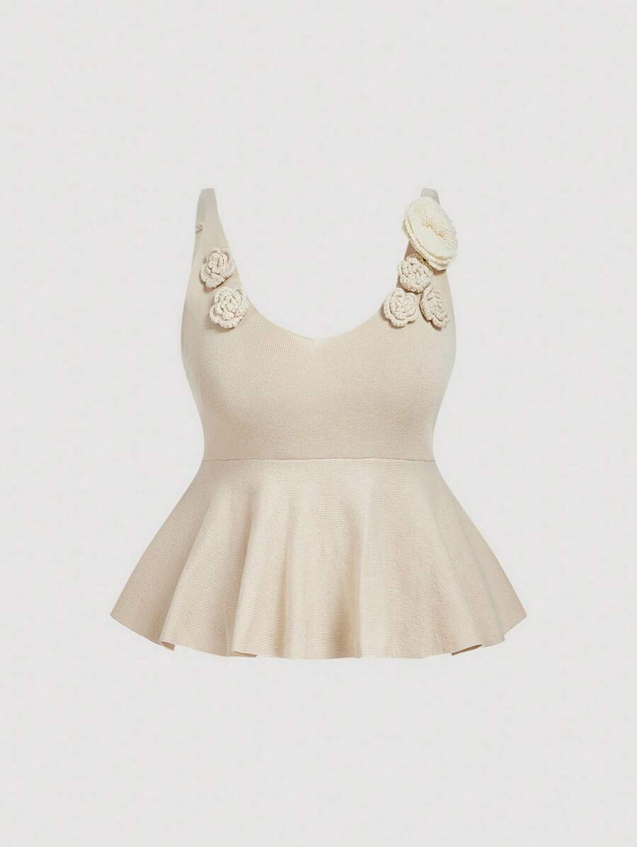 SHEIN MOD Plus Size Women Florals Decorative Doll Knit Top, Elegant Summer Beige Peplum Tops, Cute Casual Holiday Crochet Cream Top For Autumn/Winter Wear - Apricot - View 1