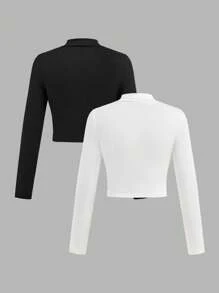 SHEIN Girlism Black And White Short Knitted Jackets For Tween Girls With Zipper And Regular Sleeves Long Sleeve Crop Tops For Tweens Tween Crop Tops 2 Pack Girls Long Sleeve Crop Top Zip Up Crop Top For Girls Tween Tops Girls Tops 2 Pack Tops For Girls Tight Fitting Long Sleeve Shirts For Girls Long Sleeve Crop Tops For Girls Tween Girl Tops 2 Pack Crop Tops Zip Up Crop Tops For Girls Girls Shirts 2 Pack Zip Up Crop Tops For Tweens Girls Long Sleeve Tops 2 Pack Long Sleeve Tops Girls,In Fall/Winter