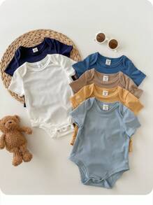 6件/套新生儿男女宝宝纯色短袖连体衣，轻薄透气，适合春夏穿着，基础款连体衣多件装，可内搭或外穿