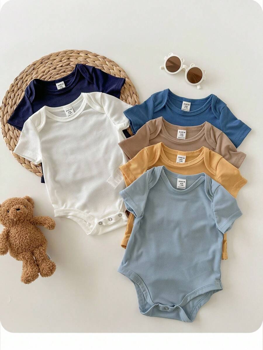 6件/套新生儿男女宝宝纯色短袖连体衣，轻薄透气，适合春夏穿着，基础款连体衣多件装，可内搭或外穿