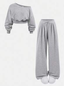 Girlism Teen Girl Casual And Comfortable Light Grey Long Sleeve Sweatshirt & Pants Co-Ord Set In Knitted Fabric, Back To School Clothes, Fall Outfit Winter