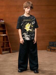 HARRY POTTER X SHEIN Tween Boy Summer Gold Eagle Black & White Tie-Dye Stylish Black Casual Versatile Short Sleeve T-Shirt - Multicolor - View 4