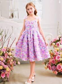 SHEIN 女童蝴蝶结和3D花卉装饰优雅连衣裙 - 淡紫色 - 查看 5