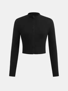 SHEIN Girlism Everyday Casual Black Polyester Stand Collar Jacket For Tween Girls With Regular Long Sleeves Black Zip Up Cropped Jacket Black Jacket Cropped Zip Up Jacket Black Cropped Jacket,In Fall/Winter