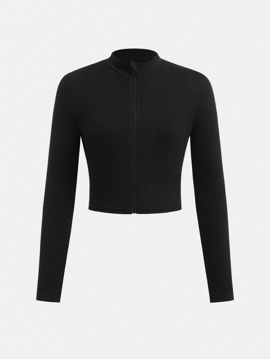 SHEIN Girlism Everyday Casual Black Polyester Stand Collar Jacket For Tween Girls With Regular Long Sleeves Zip Up Cropped Jacket,In Fall/Winter - Black - View 1