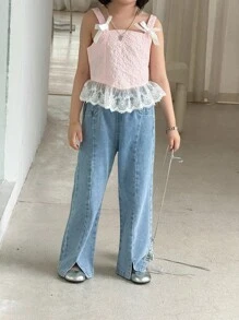 Girls Lace Patchwork Butterfly Decor Camisole Top & Light Wash Bell-Bottom Jeans Pants, Simple Fashion Versatile Set For Everyday Wear