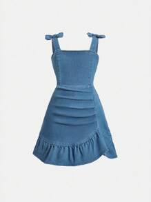 SHEIN Elladie kids 女童休闲可爱时尚无弹力牛仔荷叶边吊带连衣裙，无袖轻盈夏季 - 中等水洗藍 - 查看 3