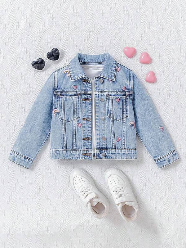 Toddler Girls Cute Casual Outdoor College Style Comfortable Playful Heart & Rainbow Embroidered Washed Light Blue Denim Jacket, Heart Rainbow Denim Jacket,Tops
