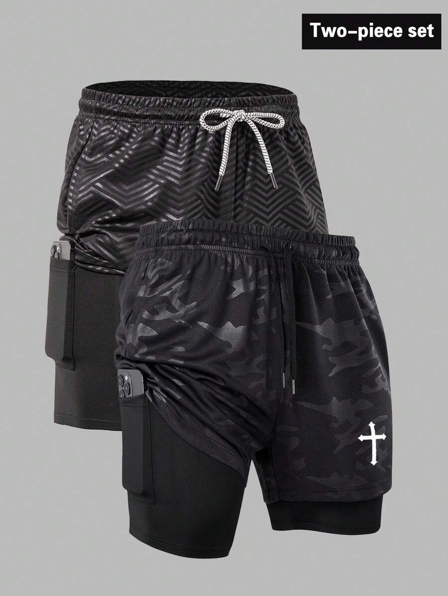 Manfinity Sport Corelite 男士夏季休闲手机口袋抽绳腰运动短裤二合一短裤交叉短裤跑步短裤健身短裤 - 黑色 - 查看 1