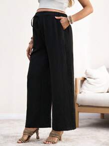 SHEIN 纯色长款系带下摆休闲孕妇裤 - 黑色 - 查看 3