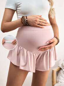 SHEIN 孕妇休闲纯色荷叶边短裤（夏季） - 粉色 - 查看 1