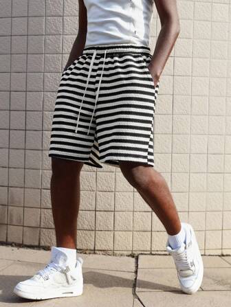 Street Life Pantalones cortos informales de verano para hombres, con estampado de rayas de punto, cintura con cordón y corte holgado, ideales para vacaciones y uso diario