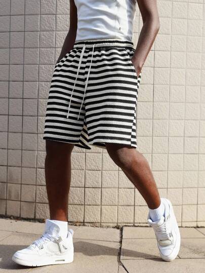 Street Life Pantaloncini estivi casual da uomo, con vita con laccetto, stampa a righe lavorata a maglia, comodi e informali per vacanze e uso quotidiano