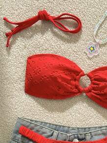 SHEIN Ensemble de bikini bandeau en tissu floral ajouré de couleur unie pour femmes, parfait pour les vacances d'été