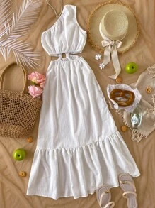 Vacation Style Teenage Petite Girl's Round Ring Cut-Out Shoulder Strap Dress, Korean Fashion - White - View 2