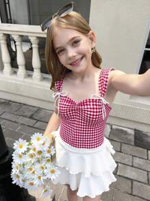 SHEIN Girlism Tween Girl Red Plaid Vacation Casual Sleeveless With Sweetheart Neckline And Knotted Bow Front Cropped Wide Straps Top Gingham Crop Top Red And White Gingham Top - Red - View 7