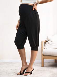 SHEIN Maternity Casual Solid Color High Waist Capri Pants - Black - View 3