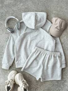 Light Grey Hooded Teen Girls Sweatshirt Co-Ord With Pocket And Casual Shorts Fall Winter