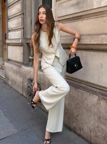 Pariaura 女士法式条纹背心和裤子两件套