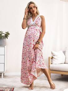 SHEIN 孕妇时尚花卉蕾丝边无袖连衣裙