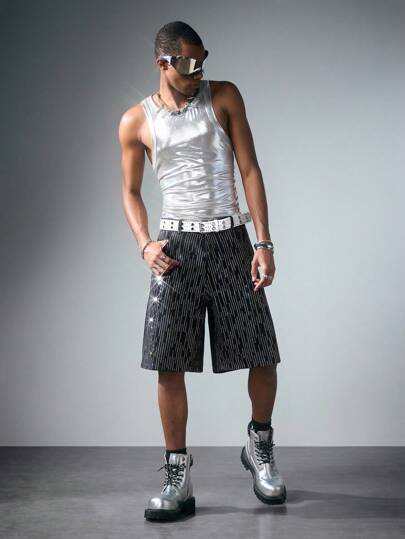 ROMWE Avant Pantalones cortos de mezclilla con diamantes incrustados, corte holgado para hombre