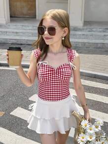 SHEIN Girlism Tween Girl Red Plaid Vacation Casual Sleeveless With Sweetheart Neckline And Knotted Bow Front Cropped Wide Straps Top Gingham Crop Top Red And White Gingham Top - Red - View 8