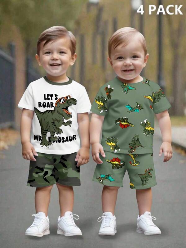 2pcs Kids' Casual Dino, Dinosaurs, Pastel Colors Short Sleeve T-Shirt And Shorts Set, Suitable For Summer