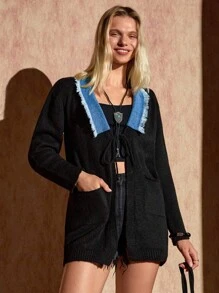 EURMUSE Cardigan cu decolteu detaliat în denim pentru femei, în culoare solidă