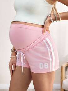 SHEIN Casual Loose Contrast Trim Digital Print Maternity Shorts - Pink - View 3