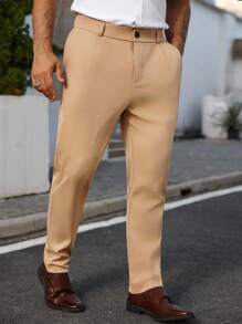 Manfinity Mode Pantalones casuales rectos y holgados de unicolor con bolsillo parche para hombres de talla grande - Caqui - Ver 4