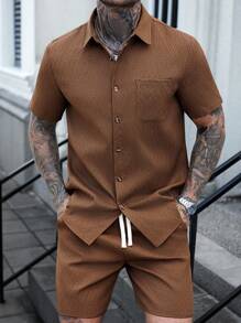 Manfinity CasualCool 2 件套：纯色纹理提花休闲时尚短袖衬衫 - 鏽棕色 - 查看 1