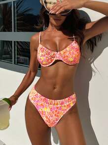 SHEIN Summer Women's Ditsy Floral Wire Rimmed V-Neck Strappy Ruched Back Snap Cute Casual Beach Bikini Two-Piece Swimwear Set - Multicolor - View 1