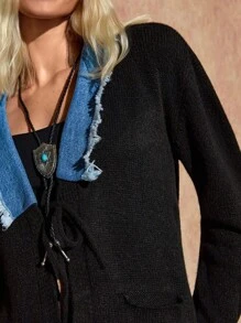 EURMUSE Cardigan cu decolteu detaliat în denim pentru femei, în culoare solidă