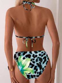 SHEIN Swim 2件套斑马条纹V领比基尼泳装套装 - 彩色 - 查看 2