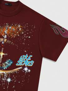 ROMWE MEN Grunge Punk Men's Loose Drop Shoulder Eye Printed Short Graphic T-Shirt - Burgundy - View 3