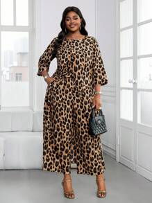 SHEIN Lady 春夏休闲优雅豹纹波西米亚风白色长款开衫衬衫阔腿裤大码西装 - 卡其色 - 查看 4