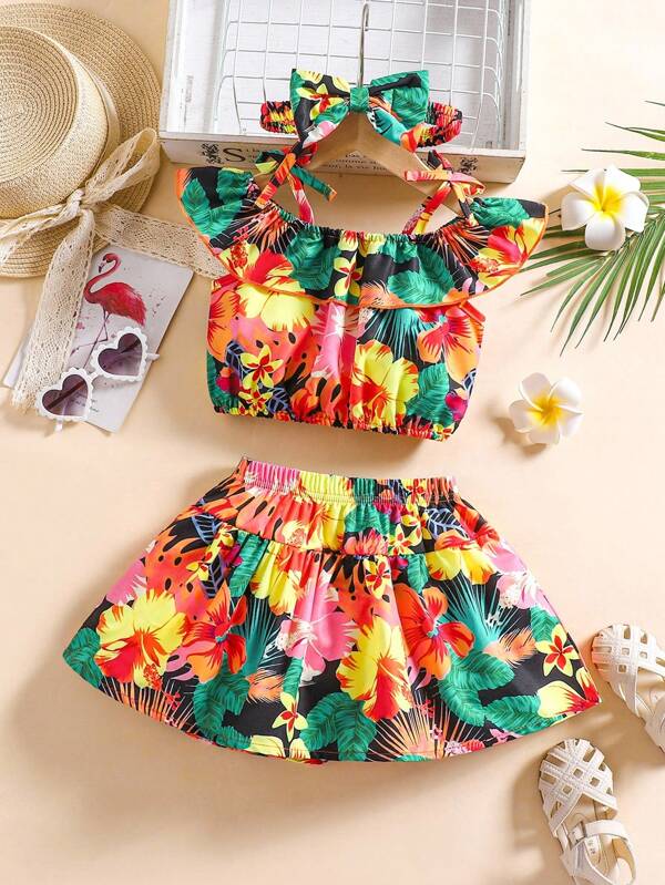 SHEIN Blusa de alças largas com estampa floral tropical e estampa de flores tropicais para bebês meninas, com shorts com babados combinando, ideal para férias de verão