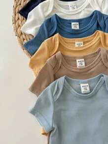 6件/套新生儿男女宝宝纯色短袖连体衣，轻薄透气，适合春夏穿着，基础款连体衣多件装，可内搭或外穿