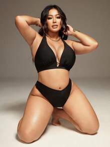 Swim SXY Conjunto de traje de baño de talla grande para mujer con escote en V y correa de cuello halter para vacaciones en la playa