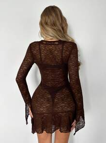 SHEIN ICON فستان قصير بطراز رومانسي ريفي هيبي لعام 2025، مناسب للحفلات ومهرجانات الموسيقى وموسم العودة إلى المدرسة، بياقة على شكل حرف V وأكمام شفافة غير متماثلة بخط A - بني - مشاهدة 3