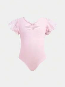 SHEIN Young Girl's Short Sleeve Pink Ballet Leotard, 4-Way Stretch, High Flexibility, Spring/Summer - Pink - View 7