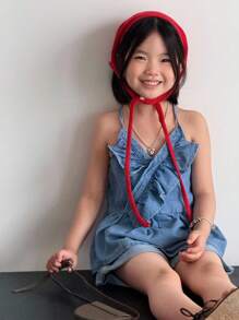 2pcs/Set Young Girl' New Light Blue Fashion Spaghetti Strap Tank Top And Ruffle Hem Shorts Set, Cute Kids Summer Outfit - Medium Wash - View 1