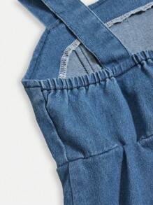 SHEIN Elladie kids 女童休闲可爱时尚无弹力牛仔荷叶边吊带连衣裙，无袖轻盈夏季 - 中等水洗藍 - 查看 6