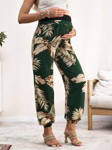 SHEIN Maternity Tropical Plant Print Adjustable Waistband Harem Pants, For Vacation - Green - View 4
